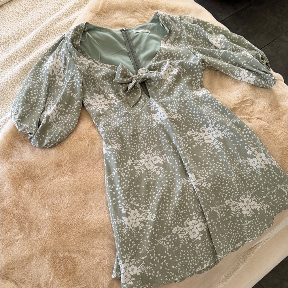 Tie-Front Sage Green Floral Mini Dress